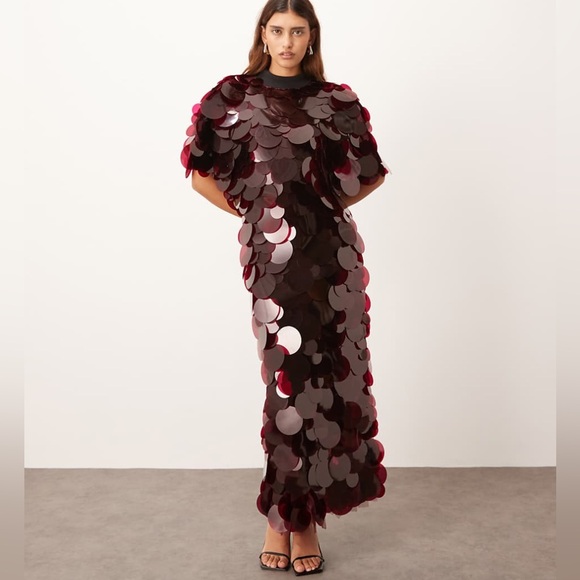 Arrange Dresses & Skirts - ASOS ARRANGE high neck paillette sequined fringe hem maxi dress in merlot size 2
